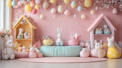 Charming easter interior backdrop with bunny decor for creative photography