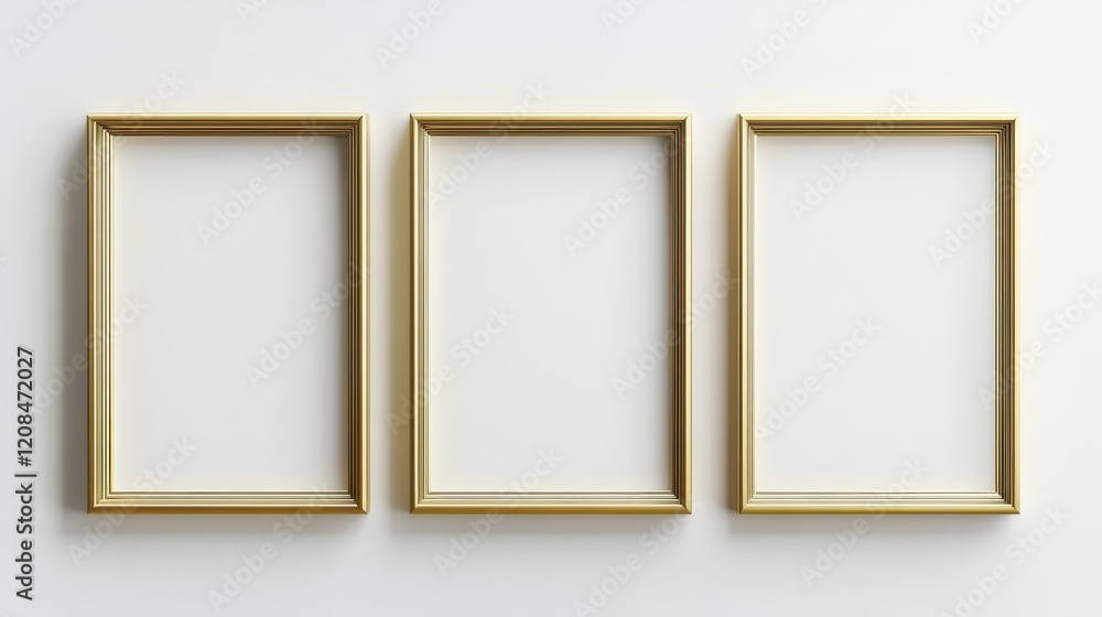 Three empty gold picture frames on white wall Three empty gold picture frames on white wall