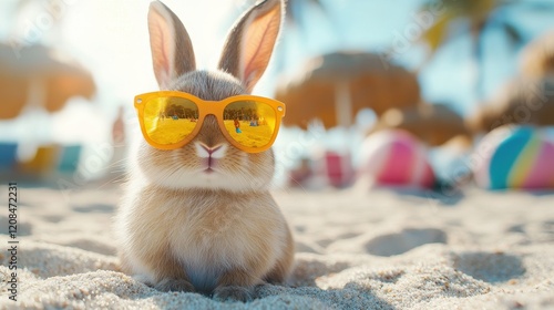 Easter bunny rabbit with sunglasses enjoying a sunny beach photo