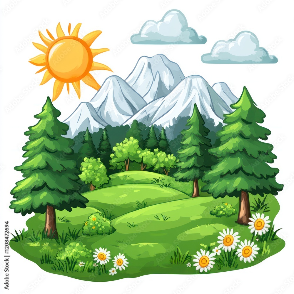 Obraz premium Sunny Mountain Landscape With Green Trees And Flowers