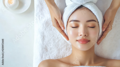 Asian woman enjoying relaxing facial massage at spa