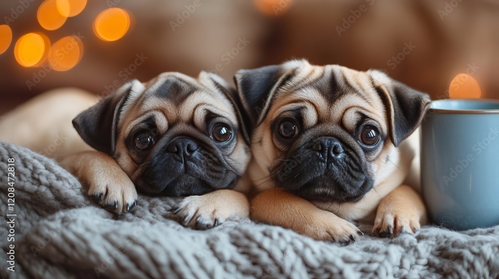 Obraz premium Two adorable pug puppies relaxing on cozy blanket with warm lighting