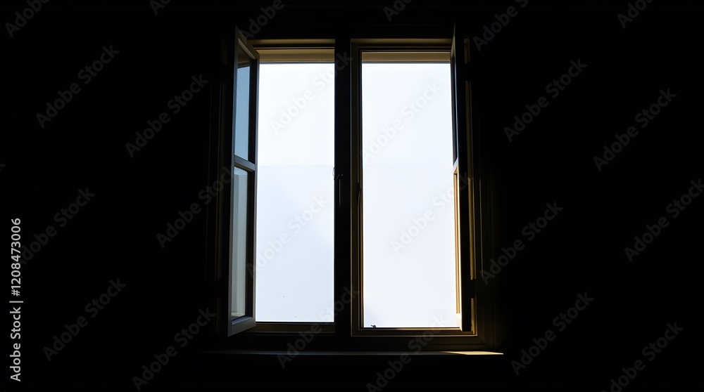 Fototapeta premium Dark wall and an open window. Bright sky outside the window.