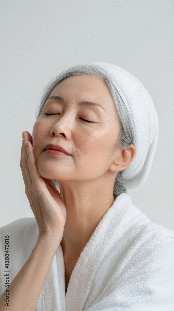 Elderly woman with supple skin in serene pose, wearing white robe Elderly woman with supple skin in serene pose, wearing white robe