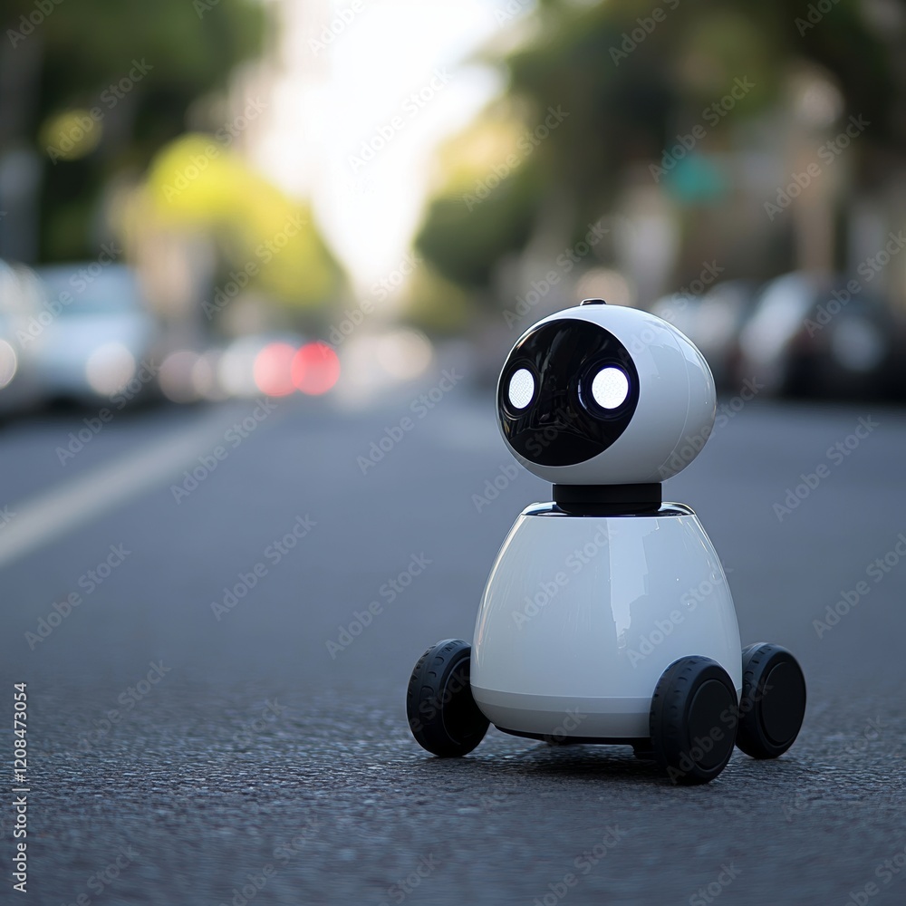 Fototapeta premium A small white robot with black wheels, featuring a round head with a camera and two LED lights, standing on a city street with blurred cars and trees in the background