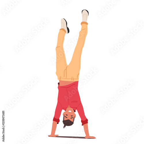 Trendy fashion guy happy cartoon character demonstrating handstand balancing body upside down