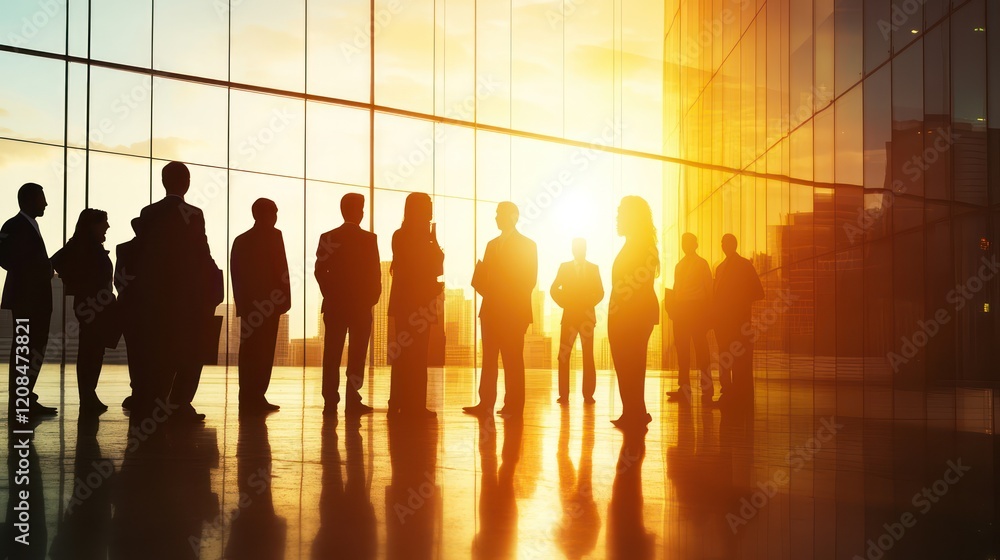 Silhouetted Business Team: A group of business professionals stand silhouetted against a stunning sunset reflected in a modern glass building, conveying a sense of ambition, collaboration. Silhouetted Business Team: A group of business professionals stand silhouetted against a stunning sunset reflected in a modern glass building, conveying a sense of ambition, collaboration.
