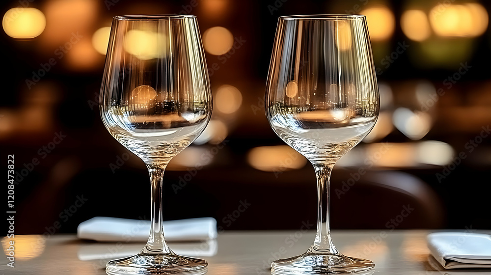 Elegant Empty Wine Glasses on a Table in a Warmly Lit Restaurant Setting Elegant Empty Wine Glasses on a Table in a Warmly Lit Restaurant Setting