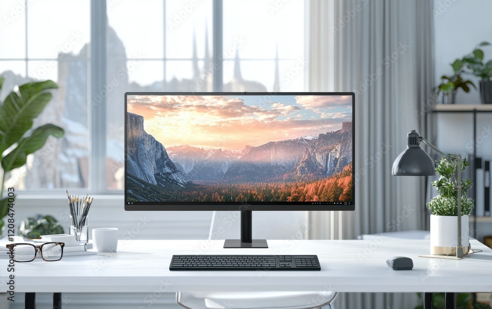 Fototapeta premium Modern office environment with a high-resolution monitor mockup on a clean white desk, subtle decor and soft lighting