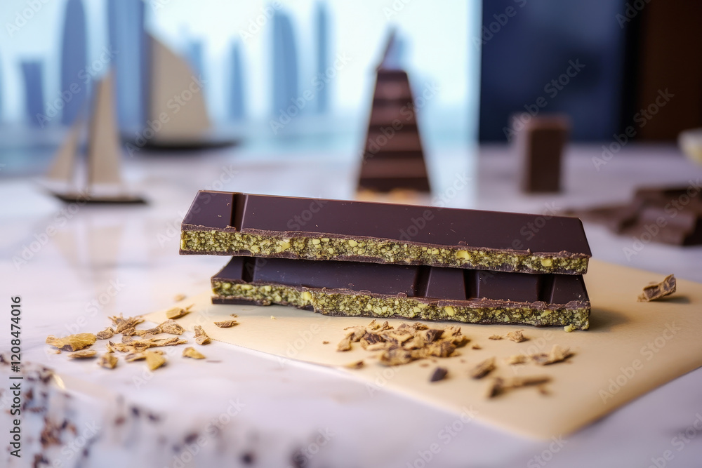 Luxurious chocolate dessert with pistachio layers on a marble countertop overlooking a city skyline during daylight Luxurious chocolate dessert with pistachio layers on a marble countertop overlooking a city skyline during daylight