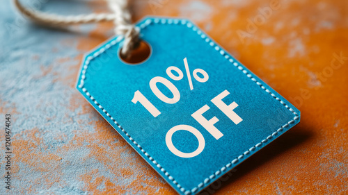 Blue price tag with 10% off on textured surface photo