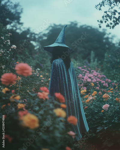 vintage portrait of a woman witch in a pastel blue glittery witch hat and cape walking in a mystical flower garden at evening