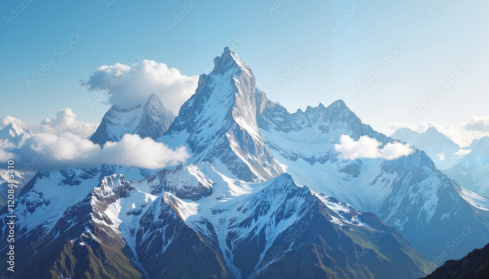 Obraz premium Majestic snow-capped mountain under blue sky with clouds