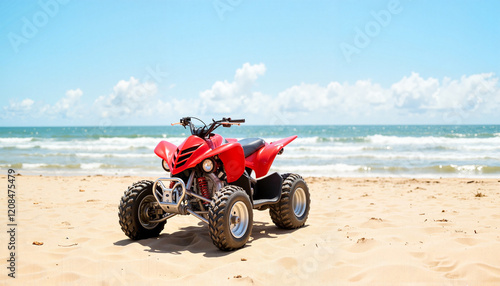Red ATV parked on sandy beach under blue sky
