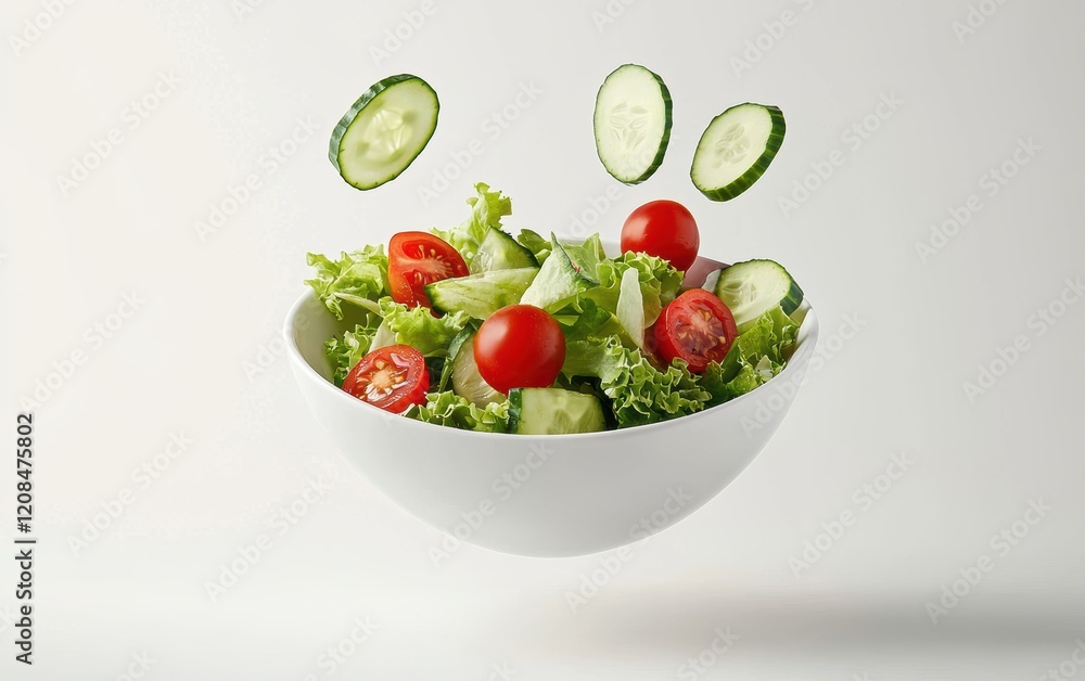 A floating bowl of fresh salad with cherry tomatoes, lettuce, and sliced cucumbers in mid-air on a clean white background A floating bowl of fresh salad with cherry tomatoes, lettuce, and sliced cucumbers in mid-air on a clean white background