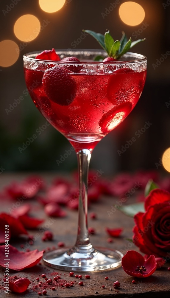 Sparkling red cocktail with raspberries and mint in an elegant glass Sparkling red cocktail with raspberries and mint in an elegant glass