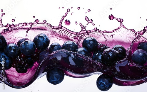 A deep purple wave of mixed berry juice with floating grapes, blueberries, and blackcurrants, creating vivid splashes on a clean white surface