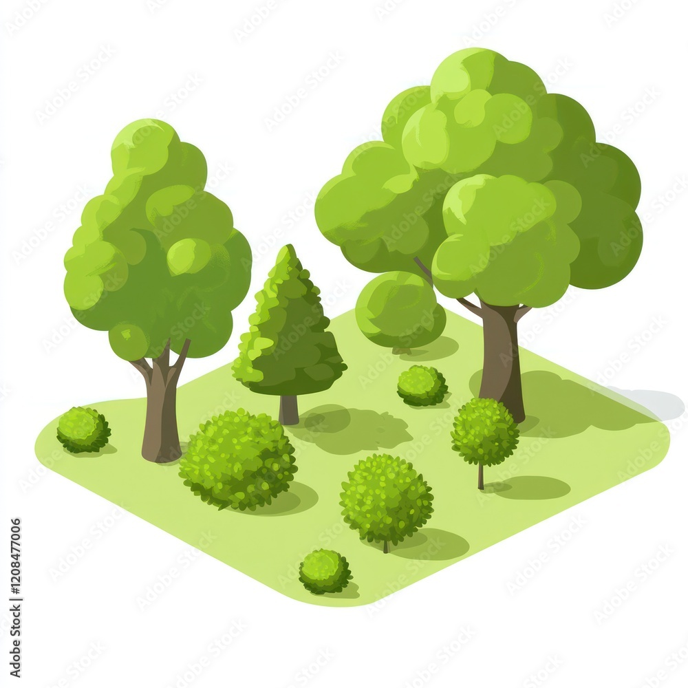 Fototapeta premium Isometric Illustration Of A Small Lush Green Park With Trees And Shrubs
