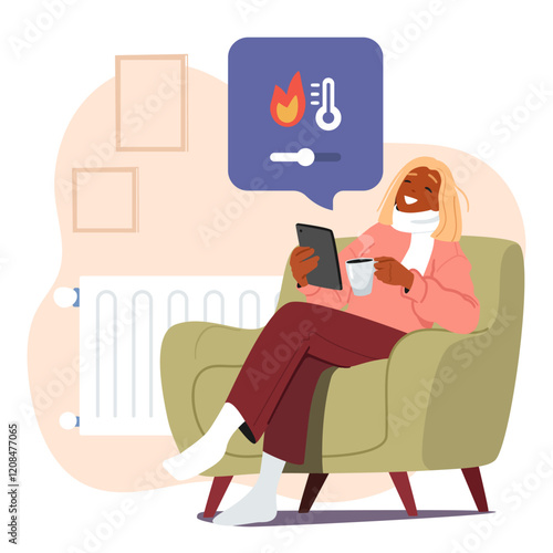 Woman drinking coffee wearing warm clothing using mobile tech app for smart home climate control