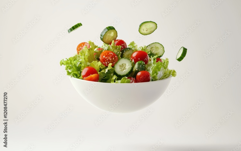 A floating bowl of fresh salad with cherry tomatoes, lettuce, and sliced cucumbers in mid-air on a clean white background A floating bowl of fresh salad with cherry tomatoes, lettuce, and sliced cucumbers in mid-air on a clean white background