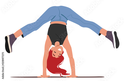 Funny happy smiling woman trendy fashion cartoon character performing handstand gymnastic element