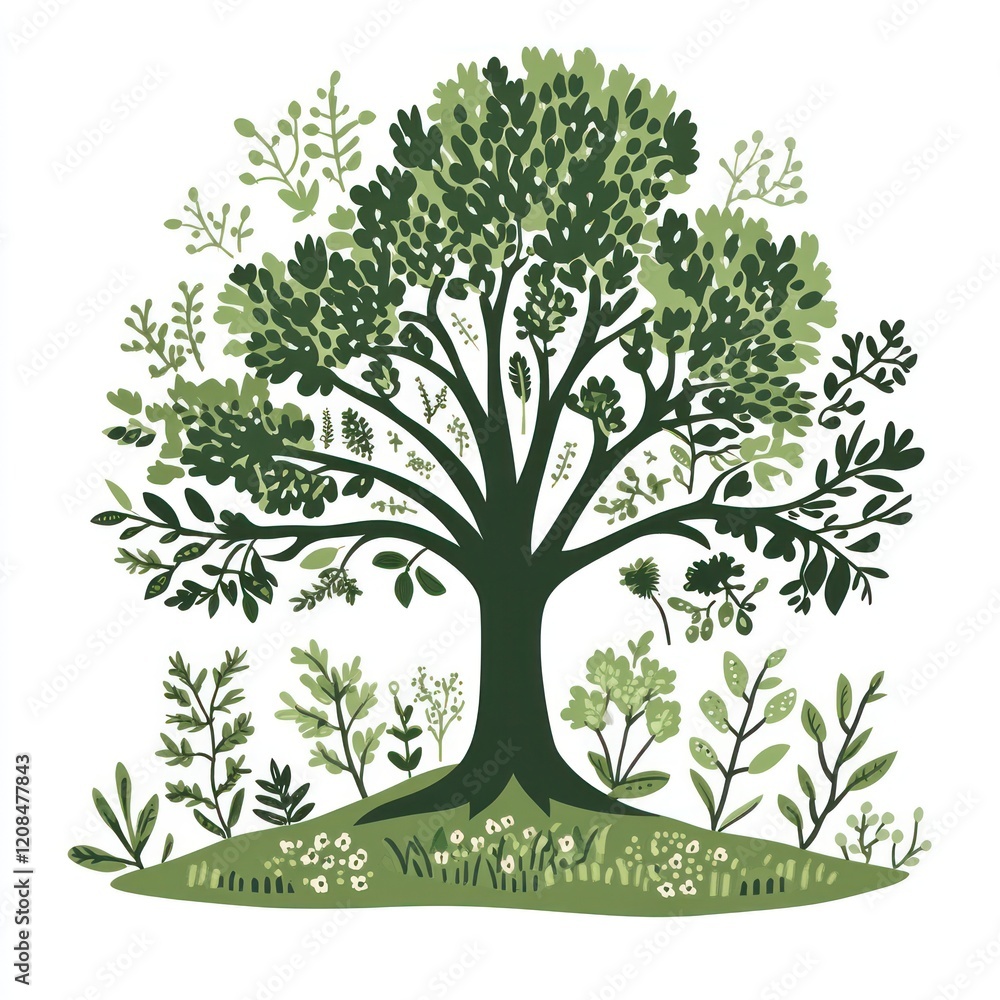 Obraz premium Lush Green Tree with Varied Foliage and Flowers