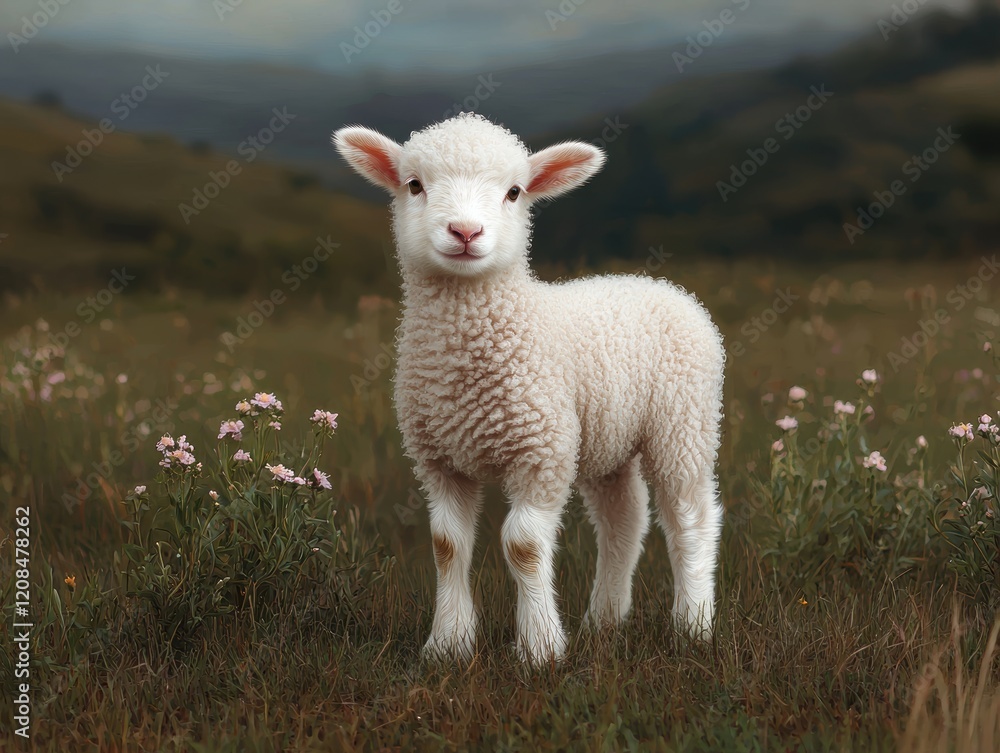 Adorable fluffy lamb in a field of flowers Adorable fluffy lamb in a field of flowers