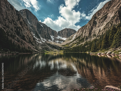Serene lake surrounded by snow-capped mountains, calm water surface reflecting the blue sky and clouds, tall pine trees around, a walking path with wildflowers nearby. photorealistic style, 