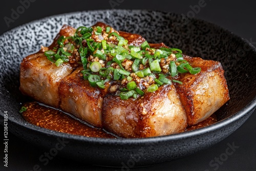 Close-up of delicious pan-fried dumplings topped with scallions and a savory sauce photo