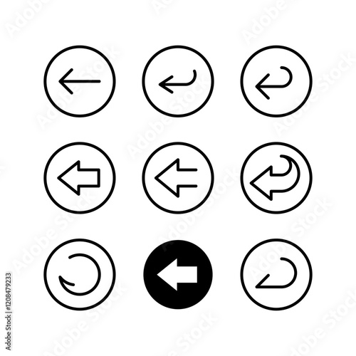 Back arrow round buttons icon set. Interface elements for mobile and web software development. Black arrow inside a circle. Line style design. Adjustable stroke width and type.