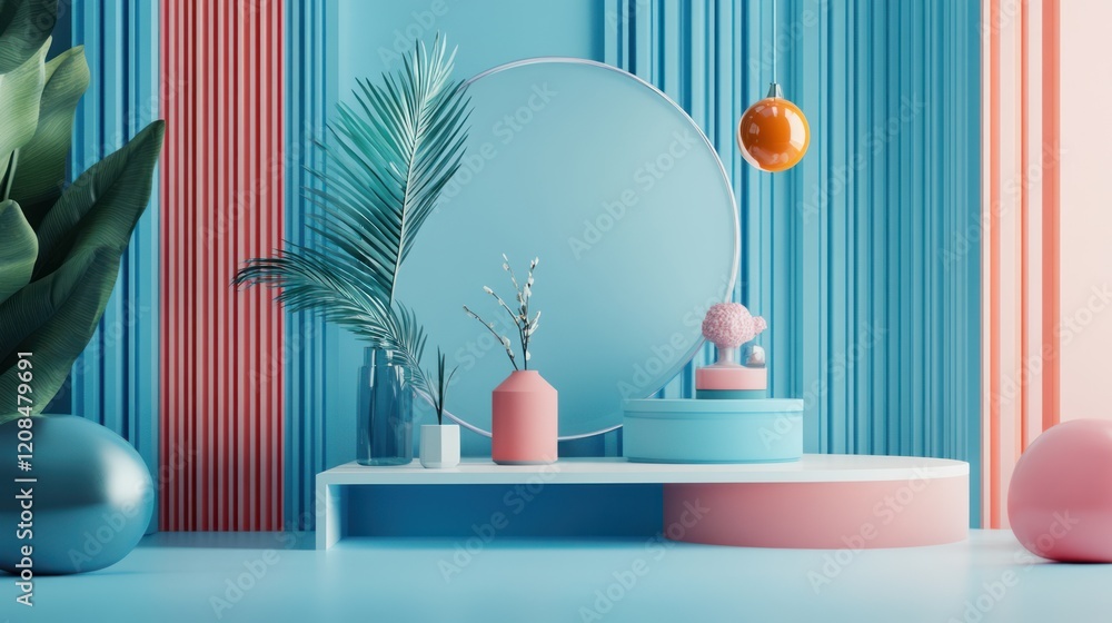 Stylish 3D rendering scene featuring geometric shapes, plants, and pastel colors for product display or design Stylish 3D rendering scene featuring geometric shapes, plants, and pastel colors for product display or design