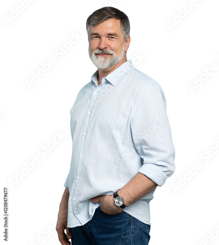 Portrait of happy casual older man smiling, Mid adult, mature age male with gray hair, Isolated on transparent background