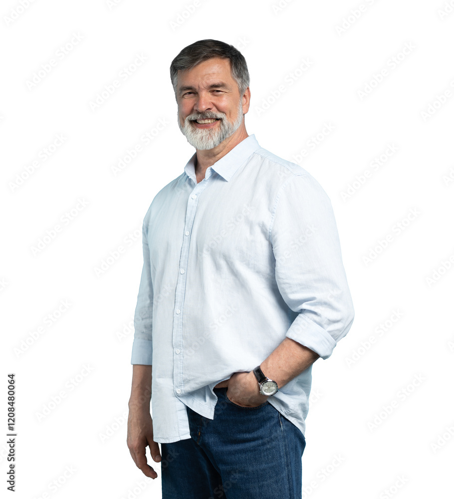 Portrait of happy casual older man smiling, Mid adult, mature age male with gray hair, Isolated on transparent background