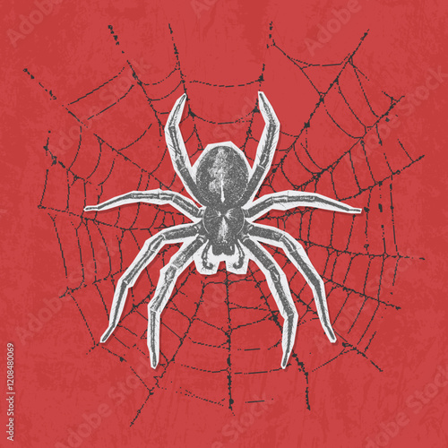 Black spider in halftone on a pixel spiderweb. Y2K photocopy effect, anti-design, mixed media collage. Grunge bitmap texture. Perfect for Halloween designs, horror projects, spooky and gothic artwork.