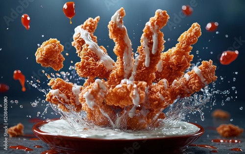 A flying crispy chicken tenders platter with ranch and buffalo sauce swirling around photo