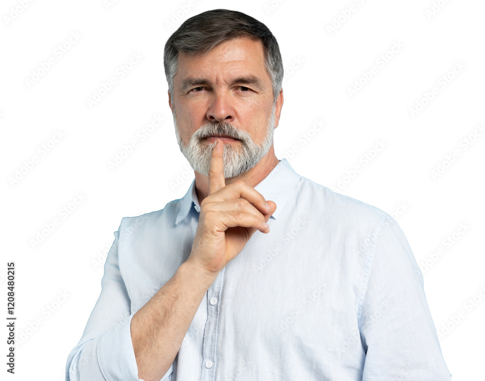 Serious good looking mature male, keeps fore finger on lips, tries to keep conspiracy, looks aside, says: Shh, make silence please. Isolated on transparent Serious good looking mature male, keeps fore finger on lips, tries to keep conspiracy, looks aside, says: Shh, make silence please. Isolated on transparent