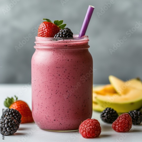 Delicious berry smoothie in mason jar with fresh fruit photo