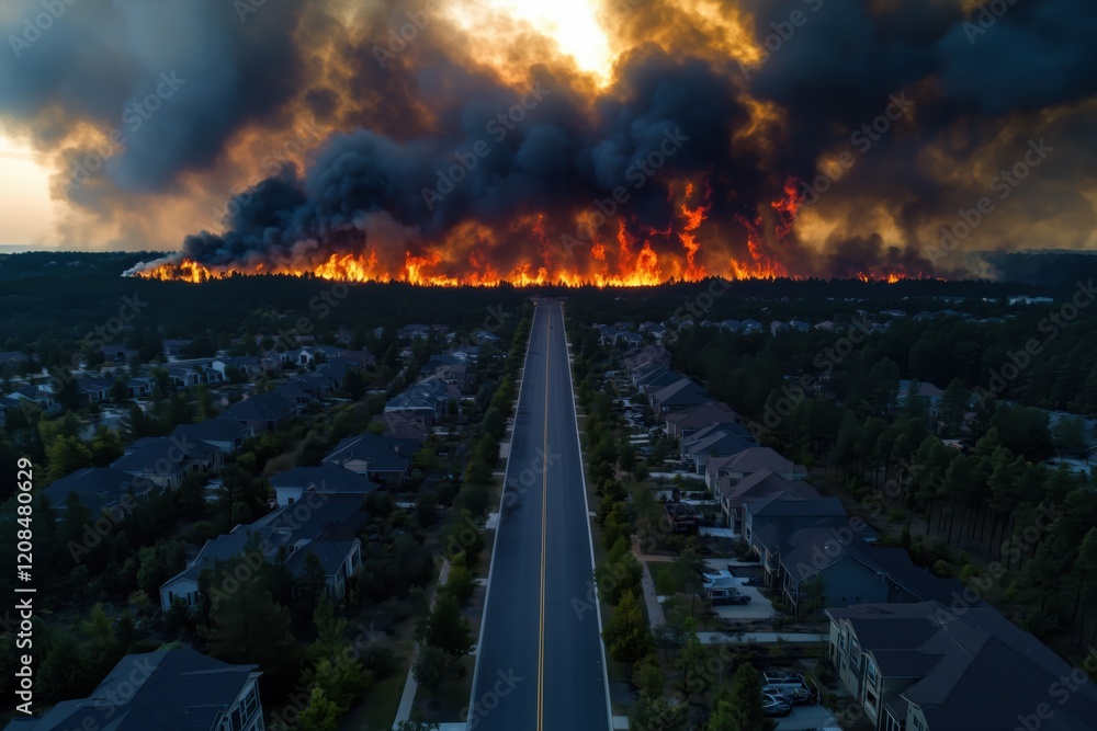 Fototapeta premium Vast wildfire burning through forest bordering a nearby residential community, with intense flames and thick smoke billowing high above houses lining quiet street