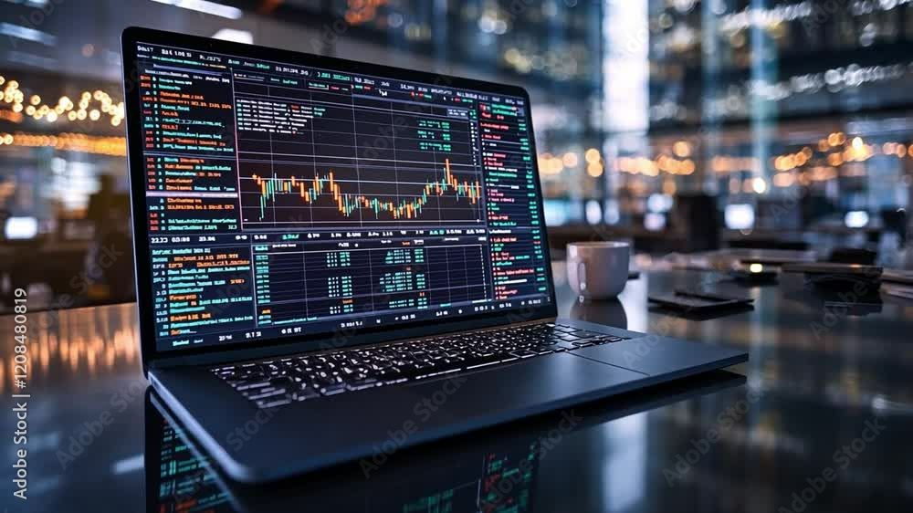 Advanced technology in financial analysis at a modern office during nighttime Advanced technology in financial analysis at a modern office during nighttime