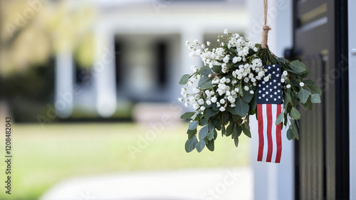 Patriotic floral decoration with American flag on porch