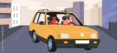 Man driver and woman passenger young loving couple riding car through cityscape cartoon scene