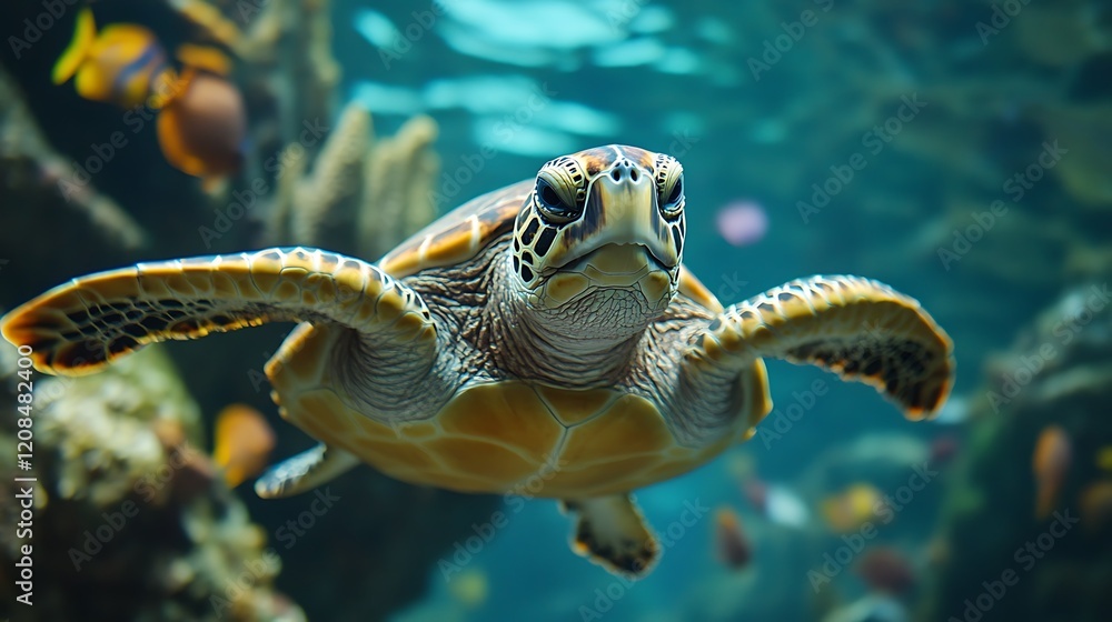 Obraz premium A turtle gliding through the water, accompanied by a variety of colorful fish.