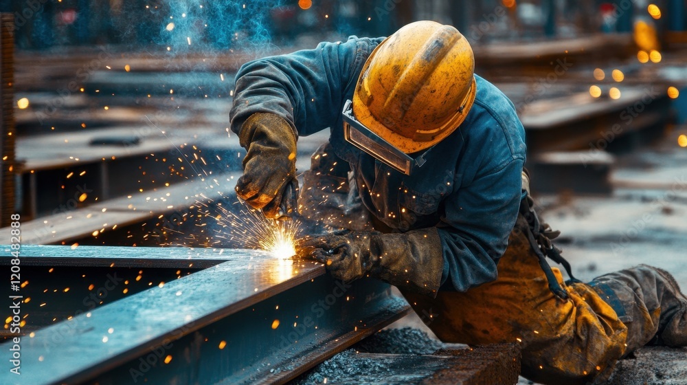 Construction worker welding steel beams at a busy construction site during daylight hours with sparks flying Construction worker welding steel beams at a busy construction site during daylight hours with sparks flying