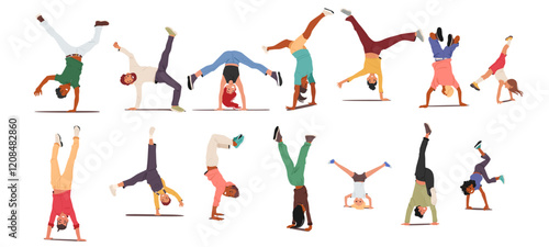 Happy adult people and children standing upside down feeling positive and joy isolated set