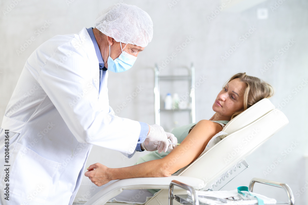 Obraz premium Elderly male doctor in medical uniform makes injection in arm of adult woman in medical office