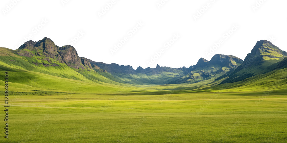 Fototapeta premium A tranquil alpine meadow featuring vibrant green grass bordered by lush coniferous forests. The serene valley stretches toward a majestic mountain range under a clear blue sky, creating a picturesque 