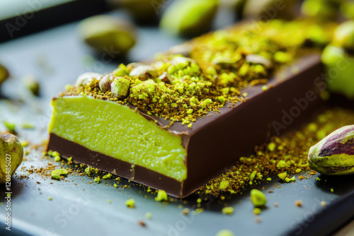 Delicious pistachio dessert topped with crushed nuts and chocolate, served on a dark platter in a cozy setting during a festive gathering photo