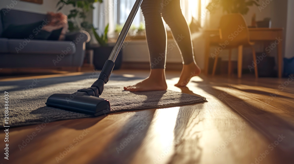 Fototapeta premium Housewife vacuuming wooden floor in living room