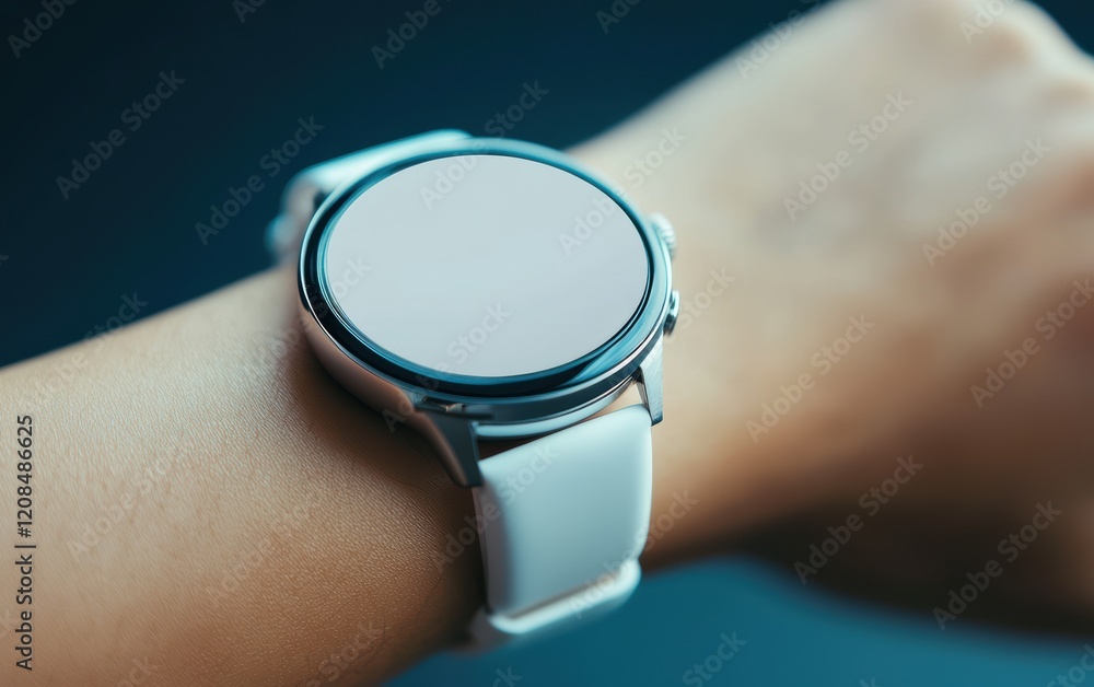 Fototapeta premium A futuristic smartwatch with a blank face on a wrist, close-up with soft shadows