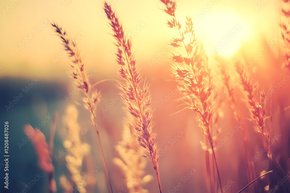 Golden Sunset Grass Field - Nature's Warm Embrace